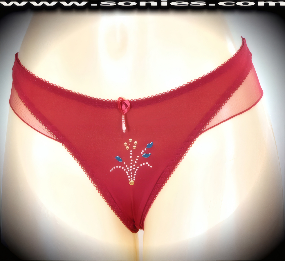 Sexy as an underpinning, stunning when worn alone in this spirited adult entertainer's low-rise Diran stretch Lycra with silky soft mesh hip sides dance wear thong bottom. Irresistibly enticing panty features a stunning glitter metallic flower foil center front, cotton lined crotch, soft elasticized edging to insure a comfortable fit, plus a satin bow appliqu� with bead adornment detailing finish (10% Lycra, 90% Nylon. Wash delicate and hang dry). It pairs beautifully with any number of risqu� tops. May be worn with stiletto heel shoes or boots to create a phenomenal look. This style is perfect for stage, bedroom performance, life style events, pride week, monthly play parties, fetish events, adult alternative lifestyle gatherings, bachelor parties and gentleman's clubs.   Style: YQ613K
