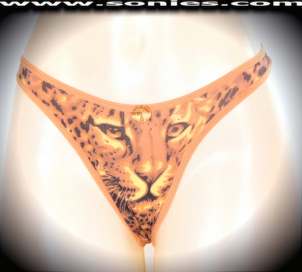Nowhere for your audience to hide when you step-out in this sexy adult entertainer's low-rise Distaghil soft stretch leopard print dance wear thong bottom. Irresistibly enticing panty features a cotton lined crotch, soft elasticized edging to insure a comfortable fit, plus front satin bow appliqu� accent detail finish (10% Lycra, 90% Nylon. Wash delicate and hang dry). It pairs beautifully with any number of risqu� tops. May be worn with stiletto heel shoes or boots to create a phenomenal look. This style is perfect for stage, bedroom performance, life style events, pride week, monthly play parties, fetish events, adult alternative lifestyle gatherings, bachelor parties and gentleman's clubs.   Style: YQ617A
