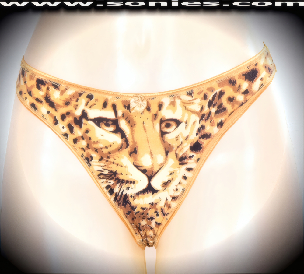 Nowhere for your audience to hide when you step-out in this sexy adult entertainer's low-rise Distaghil soft stretch leopard print dance wear thong bottom. Irresistibly enticing panty features a cotton lined crotch, soft elasticized edging to insure a comfortable fit, plus front satin bow appliqu� accent detail finish (10% Lycra, 90% Nylon. Wash delicate and hang dry). It pairs beautifully with any number of risqu� tops. May be worn with stiletto heel shoes or boots to create a phenomenal look. This style is perfect for stage, bedroom performance, life style events, pride week, monthly play parties, fetish events, adult alternative lifestyle gatherings, bachelor parties and gentleman's clubs.   Style: YQ617B