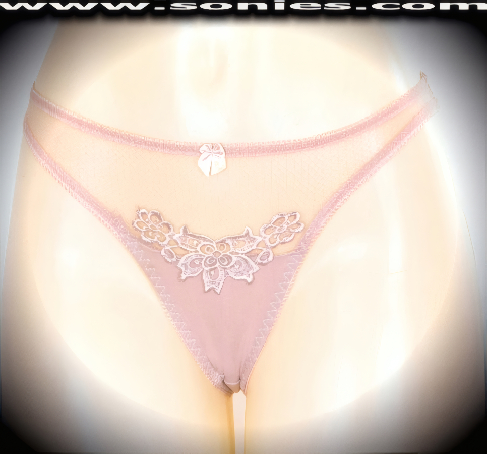 Dreamy, delicate and divine in this adult entertainer's low-rise Knossos see-through fine lace with lavishly embroidered floral accent detailing front dance wear thong bottom. Irresistibly enticing panty features sheer fine lace with opaque frontage, soft elasticized edging to insure a comfortable fit, lined crotch, opaque thong back, plus front satin bow appliqu� accent detail finish. The low-rise design makes the torso look longer for an incredibly seductive silhouette (10% Lycra, 90% Nylon. Wash delicate and hang dry). It pairs beautifully with any number of risqu� tops. May be worn with stiletto heel shoes or boots to create a phenomenal look. This style is perfect for stage, bedroom performance, life style events, pride week, monthly play parties, fetish events, adult alternative lifestyle gatherings, bachelor parties and gentleman's clubs.   Style: YQ631A