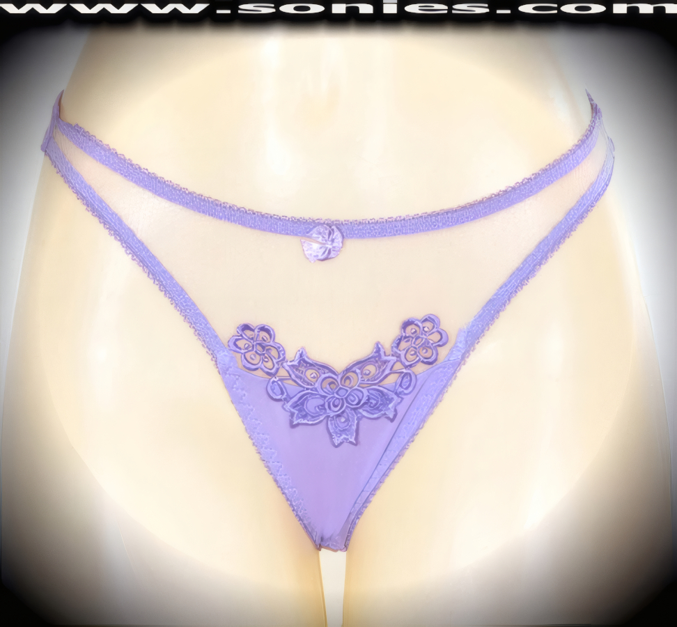 Dreamy, delicate and divine in this adult entertainer's low-rise Knossos see-through fine lace with lavishly embroidered floral accent detailing front dance wear thong bottom. Irresistibly enticing panty features sheer fine lace with opaque frontage, soft elasticized edging to insure a comfortable fit, lined crotch, opaque thong back, plus front satin bow appliqu� accent detail finish. The low-rise design makes the torso look longer for an incredibly seductive silhouette (10% Lycra, 90% Nylon. Wash delicate and hang dry). It pairs beautifully with any number of risqu� tops. May be worn with stiletto heel shoes or boots to create a phenomenal look. This style is perfect for stage, bedroom performance, life style events, pride week, monthly play parties, fetish events, adult alternative lifestyle gatherings, bachelor parties and gentleman's clubs.   Style: YQ631B