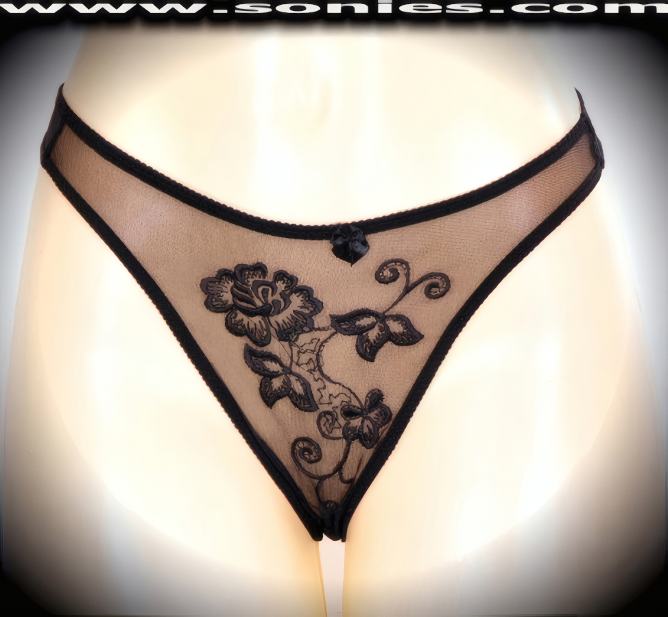 Make a big impression when you step-out on stage in this adult entertainer's low-rise Cleopatra see-through fine mesh with lavishly embroidered floral accent detailing front dance wear thong bottom. Irresistibly enticing panty features soft elasticized edging to insure a comfortable fit, lined crotch, opaque thong back, plus front satin bow appliqu� accent detail finish. The low-rise design makes the torso look longer for an incredibly seductive silhouette (10% Lycra, 90% Nylon. Wash delicate and hang dry). It pairs beautifully with any number of risqu� tops. May be worn with stiletto heel shoes or boots to create a phenomenal look. This style is perfect for stage, bedroom performance, life style events, pride week, monthly play parties, fetish events, adult alternative lifestyle gatherings, bachelor parties and gentleman's clubs.   Style: YQ635