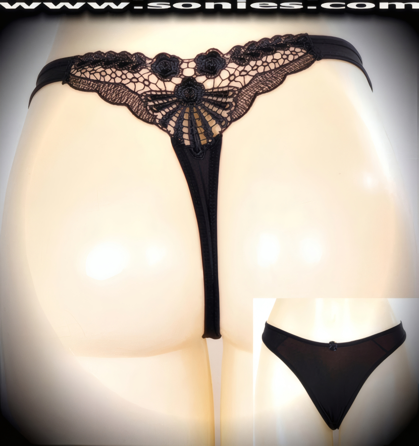 Show off your sex appeal and your creative style in this avant-garde adult entertainer's low-rise Zakros stretch Lycra with sophisticatedly embroidered floral sheer top back dance wear thong bottom. Irresistibly enticing panty features soft elasticized edging to insure a comfortable fit, cotton lined crotch, plus front satin bow appliqu� accent detail finish. The low-rise design makes the torso look longer for an incredibly seductive silhouette (10% Lycra, 90% Nylon. Wash delicate and hang dry). It pairs beautifully with any number of risqu� tops. May be worn with stiletto heel shoes or boots to create a phenomenal look. This style is perfect for stage, bedroom performance, life style events, pride week, monthly play parties, fetish events, adult alternative lifestyle gatherings, bachelor parties and gentleman's clubs.   Style: YQ653