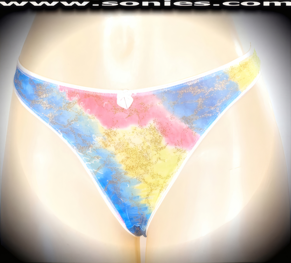 Pay homage to the era of excess in this over-the-top sexy adult entertainer's low-rise Kunyang water-color stretch Lycra with picturesque gold glitter foil print dance wear thong bottom. Irresistibly enticing panty features a cotton lined crotch, soft elasticized edging to insure a comfortable fit, plus a satin bow appliqu� front detailing finish (10% Lycra, 90% Nylon. Wash delicate and hang dry). It pairs beautifully with any number of risqu� tops. May be worn with stiletto heel shoes or boots to create a phenomenal look. This style is perfect for stage, bedroom performance, life style events, pride week, monthly play parties, fetish events, adult alternative lifestyle gatherings, bachelor parties and gentleman's clubs.    Style: YQ664