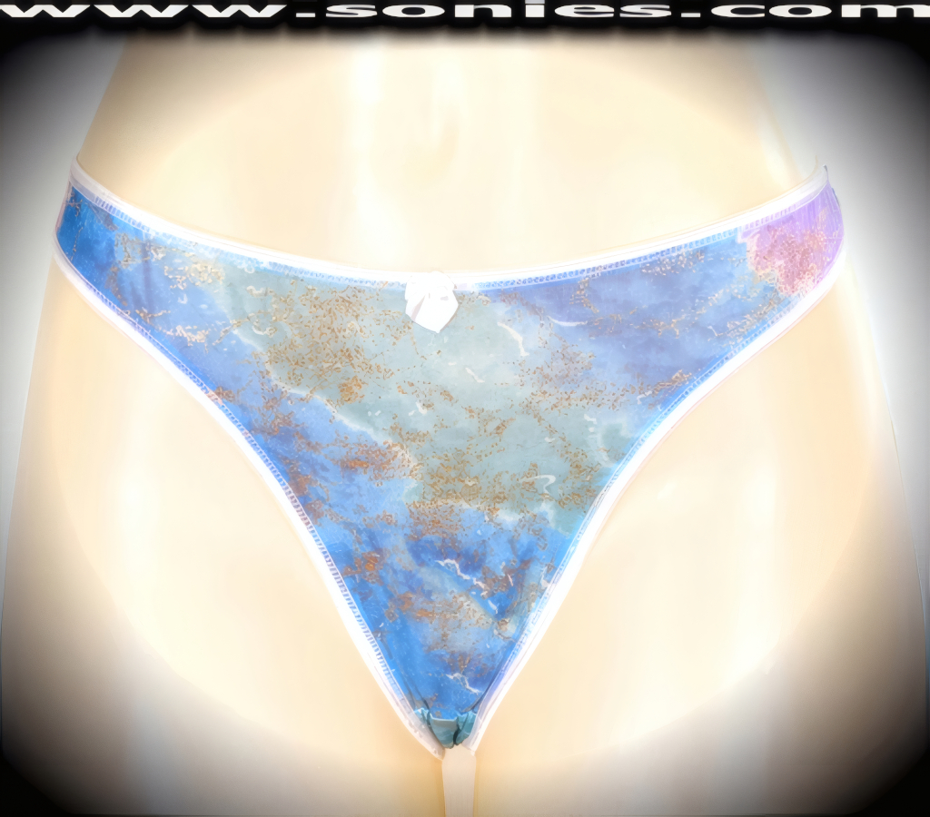 Pay homage to the era of excess in this over-the-top sexy adult entertainer's low-rise Kunyang water-color stretch Lycra with picturesque gold glitter foil print dance wear thong bottom. Irresistibly enticing panty features a cotton lined crotch, soft elasticized edging to insure a comfortable fit, plus a satin bow appliqu� front detailing finish (10% Lycra, 90% Nylon. Wash delicate and hang dry). It pairs beautifully with any number of risqu� tops. May be worn with stiletto heel shoes or boots to create a phenomenal look. This style is perfect for stage, bedroom performance, life style events, pride week, monthly play parties, fetish events, adult alternative lifestyle gatherings, bachelor parties and gentleman's clubs.    Style: YQ664D