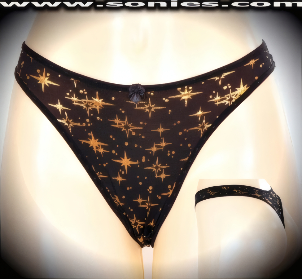 Brighten up the fun wearing this Ivanovna gold metallic foil star print stretch Lycra dance wear bottom. Crafted with a lined crotch and thong back, plus satin bow appliqu� front detail finish (10% Lycra, 90% Nylon. Wash delicate and hang dry). It pairs beautifully with any number of risqu� tops. May be worn with stiletto heel shoes or boots to create a phenomenal look. This style is perfect for stage, bedroom performance, life style events, pride week, monthly play parties, fetish events, adult alternative lifestyle gatherings, bachelor parties and gentleman's clubs.   Style: YQ669