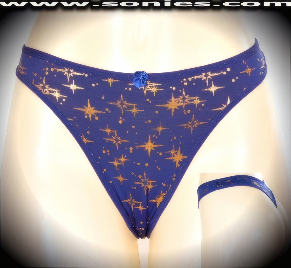 Brighten up the fun wearing this Ivanovna gold metallic foil star print stretch Lycra dance wear bottom. Crafted with a lined crotch and thong back, plus satin bow appliqu� front detail finish (10% Lycra, 90% Nylon. Wash delicate and hang dry). It pairs beautifully with any number of risqu� tops. May be worn with stiletto heel shoes or boots to create a phenomenal look. This style is perfect for stage, bedroom performance, life style events, pride week, monthly play parties, fetish events, adult alternative lifestyle gatherings, bachelor parties and gentleman's clubs.   Style: YQ669A