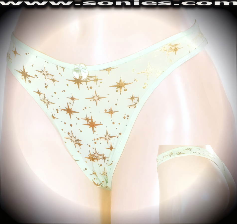 Brighten up the fun wearing this Ivanovna gold metallic foil star print stretch Lycra dance wear bottom. Crafted with a lined crotch and thong back, plus satin bow appliqu� front detail finish (10% Lycra, 90% Nylon. Wash delicate and hang dry). It pairs beautifully with any number of risqu� tops. May be worn with stiletto heel shoes or boots to create a phenomenal look. This style is perfect for stage, bedroom performance, life style events, pride week, monthly play parties, fetish events, adult alternative lifestyle gatherings, bachelor parties and gentleman's clubs.   Style: YQ669C