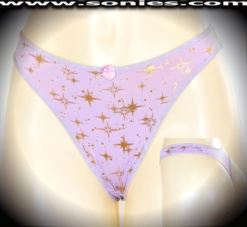 Brighten up the fun wearing this Ivanovna gold metallic foil star print stretch Lycra dance wear bottom. Crafted with a lined crotch and thong back, plus satin bow appliqu� front detail finish (10% Lycra, 90% Nylon. Wash delicate and hang dry). It pairs beautifully with any number of risqu� tops. May be worn with stiletto heel shoes or boots to create a phenomenal look. This style is perfect for stage, bedroom performance, life style events, pride week, monthly play parties, fetish events, adult alternative lifestyle gatherings, bachelor parties and gentleman's clubs.   Style: YQ669E