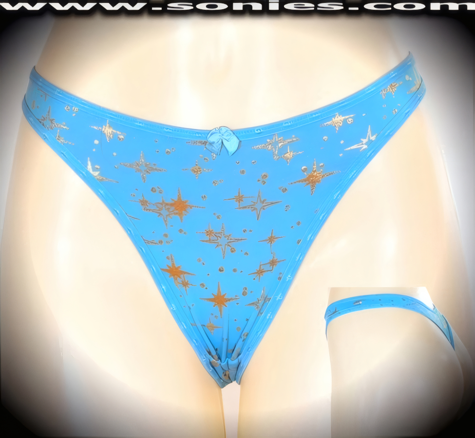 Brighten up the fun wearing this Ivanovna gold metallic foil star print stretch Lycra dance wear bottom. Crafted with a lined crotch and thong back, plus satin bow appliqu� front detail finish (10% Lycra, 90% Nylon. Wash delicate and hang dry). It pairs beautifully with any number of risqu� tops. May be worn with stiletto heel shoes or boots to create a phenomenal look. This style is perfect for stage, bedroom performance, life style events, pride week, monthly play parties, fetish events, adult alternative lifestyle gatherings, bachelor parties and gentleman's clubs.   Style: YQ669G