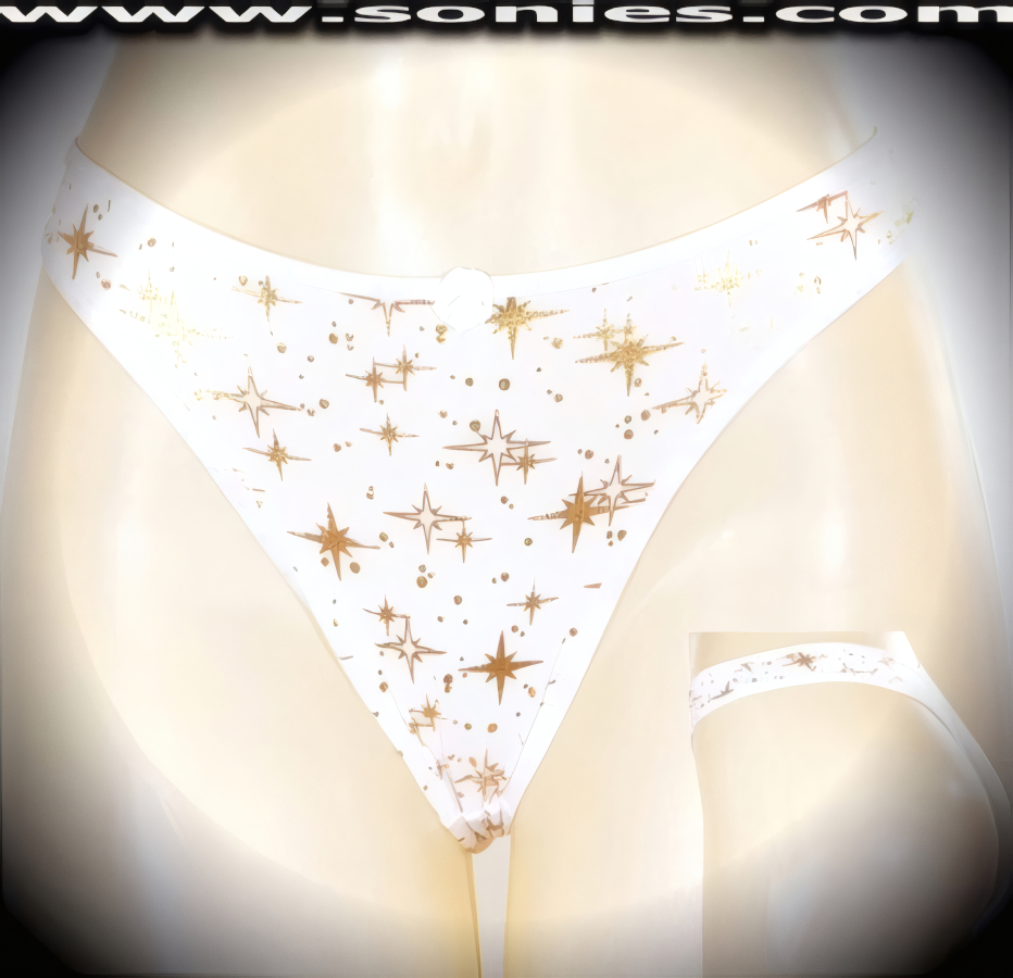 Brighten up the fun wearing this Ivanovna gold metallic foil star print stretch Lycra dance wear bottom. Crafted with a lined crotch and thong back, plus satin bow appliqu� front detail finish (10% Lycra, 90% Nylon. Wash delicate and hang dry). It pairs beautifully with any number of risqu� tops. May be worn with stiletto heel shoes or boots to create a phenomenal look. This style is perfect for stage, bedroom performance, life style events, pride week, monthly play parties, fetish events, adult alternative lifestyle gatherings, bachelor parties and gentleman's clubs.   Style: YQ669H