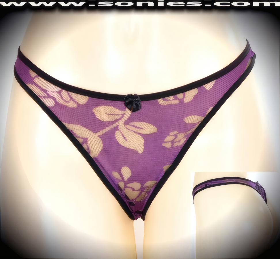 Slip into this light and snug-fitting Juanita wildly sheer mesh flower print thong back panty. These provocative panties are crafted with attractive elasticized waistband and leg opening edging to ensure a great fit, cotton lined crotch, plus satin bow appliqu� front detail finish (10% Lycra, 90% Nylon, exclusive of trim. Hand wash cold and line dry. Do not bleach). It pairs beautifully with any number of risqu� tops. May be worn with stiletto heel shoes or boots to create a phenomenal look. This style is perfect for stage, bedroom performance, life style events, pride week, monthly play parties, fetish events, adult alternative lifestyle gatherings, bachelor parties and gentleman's clubs.   Style: YQ679D