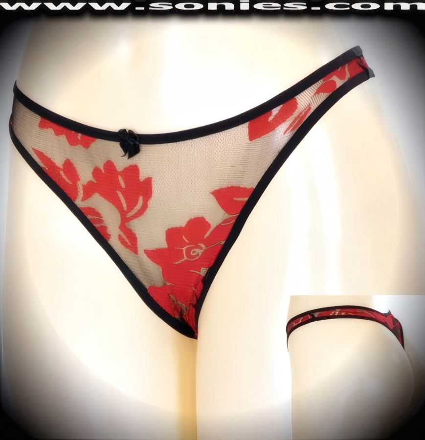 Slip into this light and snug-fitting Juanita wildly sheer mesh flower print thong back panty. These provocative panties are crafted with attractive elasticized waistband and leg opening edging to ensure a great fit, cotton lined crotch, plus satin bow appliqu� front detail finish (10% Lycra, 90% Nylon, exclusive of trim. Hand wash cold and line dry. Do not bleach). It pairs beautifully with any number of risqu� tops. May be worn with stiletto heel shoes or boots to create a phenomenal look. This style is perfect for stage, bedroom performance, life style events, pride week, monthly play parties, fetish events, adult alternative lifestyle gatherings, bachelor parties and gentleman's clubs.   Style: YQ679E