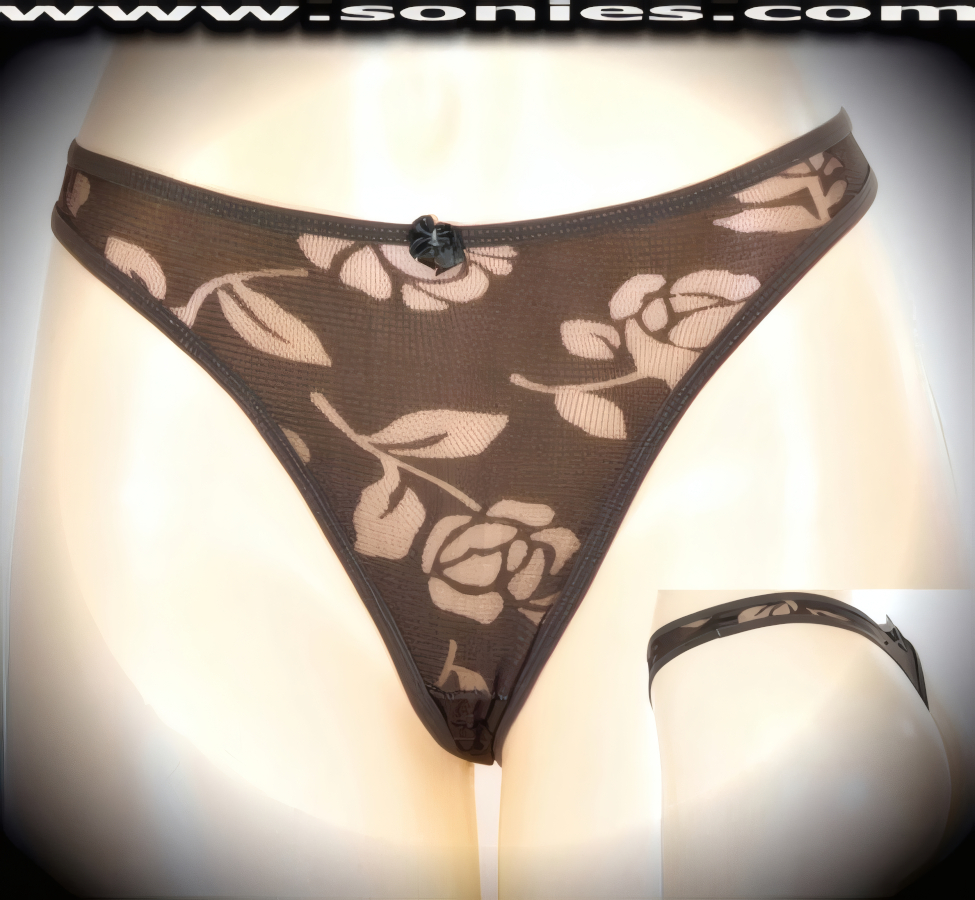 Slip into this light and snug-fitting Juanita wildly sheer mesh flower print thong back panty. These provocative panties are crafted with attractive elasticized waistband and leg opening edging to ensure a great fit, cotton lined crotch, plus satin bow appliqu� front detail finish (10% Lycra, 90% Nylon, exclusive of trim. Hand wash cold and line dry. Do not bleach). It pairs beautifully with any number of risqu� tops. May be worn with stiletto heel shoes or boots to create a phenomenal look. This style is perfect for stage, bedroom performance, life style events, pride week, monthly play parties, fetish events, adult alternative lifestyle gatherings, bachelor parties and gentleman's clubs.   Style: YQ679F