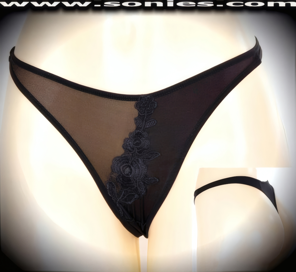 Sexy night-out style with a chic flair is this stunning Leocadia semi-sheer with opaque dual panel front dance wear thong back panty. These provocative panties are crafted with eye-alluring floral embroidered frontage, attractive elasticized waistband and leg opening edging to ensure a great fit, plus a cotton lined crotch detailing finish (10% Lycra, 90% Nylon, exclusive of trim. Hand wash cold and line dry. Do not bleach). It pairs beautifully with any number of risqu� tops. May be worn with stiletto heel shoes or boots to create a phenomenal look. This style is perfect for stage, bedroom performance, life style events, pride week, monthly play parties, fetish events, adult alternative lifestyle gatherings, bachelor parties and gentleman's clubs.   Style: YQ699