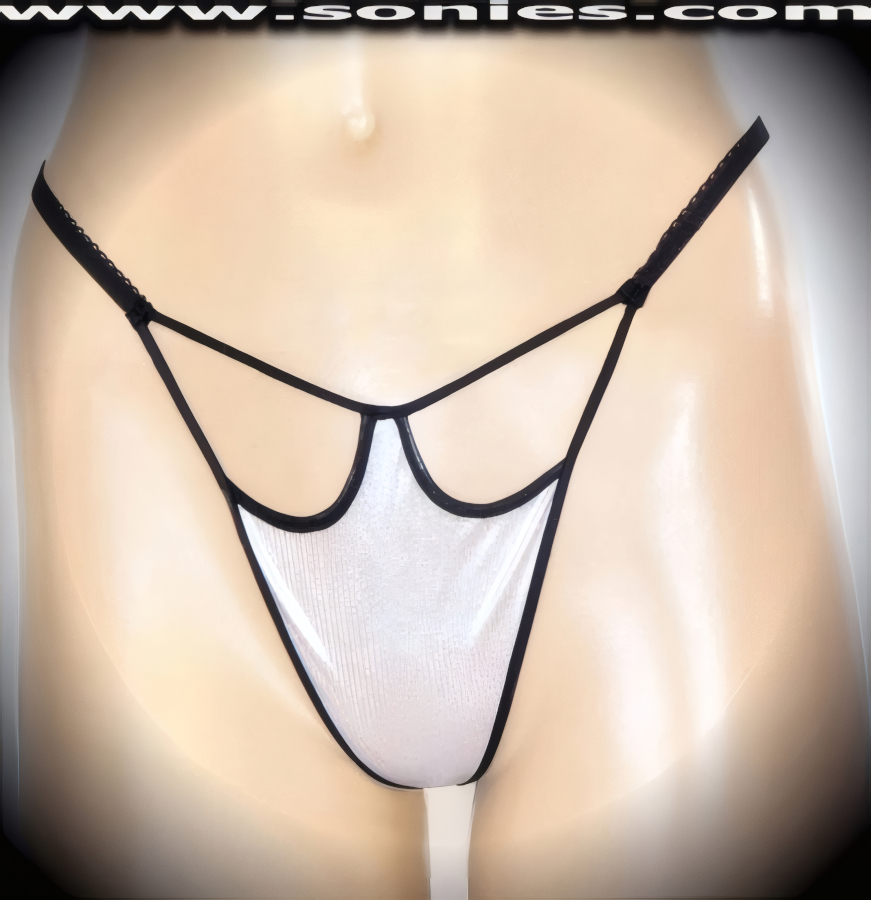 Gorgeous goddess chic Leonor spotlight glitter front cutout panty with V-shape G-String back finally that flatters your body marvelously. Crafted with a soft elasticized waistband and back to ensure a great fit (10% Lycra, 90% Nylon, exclusive of trim. Hand wash cold and line dry. Do not bleach). It pairs beautifully with any number of risqu� tops. May be worn with stiletto heel shoes or boots to create a phenomenal look. This style is perfect for stage, bedroom performance, life style events, pride week, monthly play parties, fetish events, adult alternative lifestyle gatherings, bachelor parties and gentleman's clubs.   Style: YQ704G