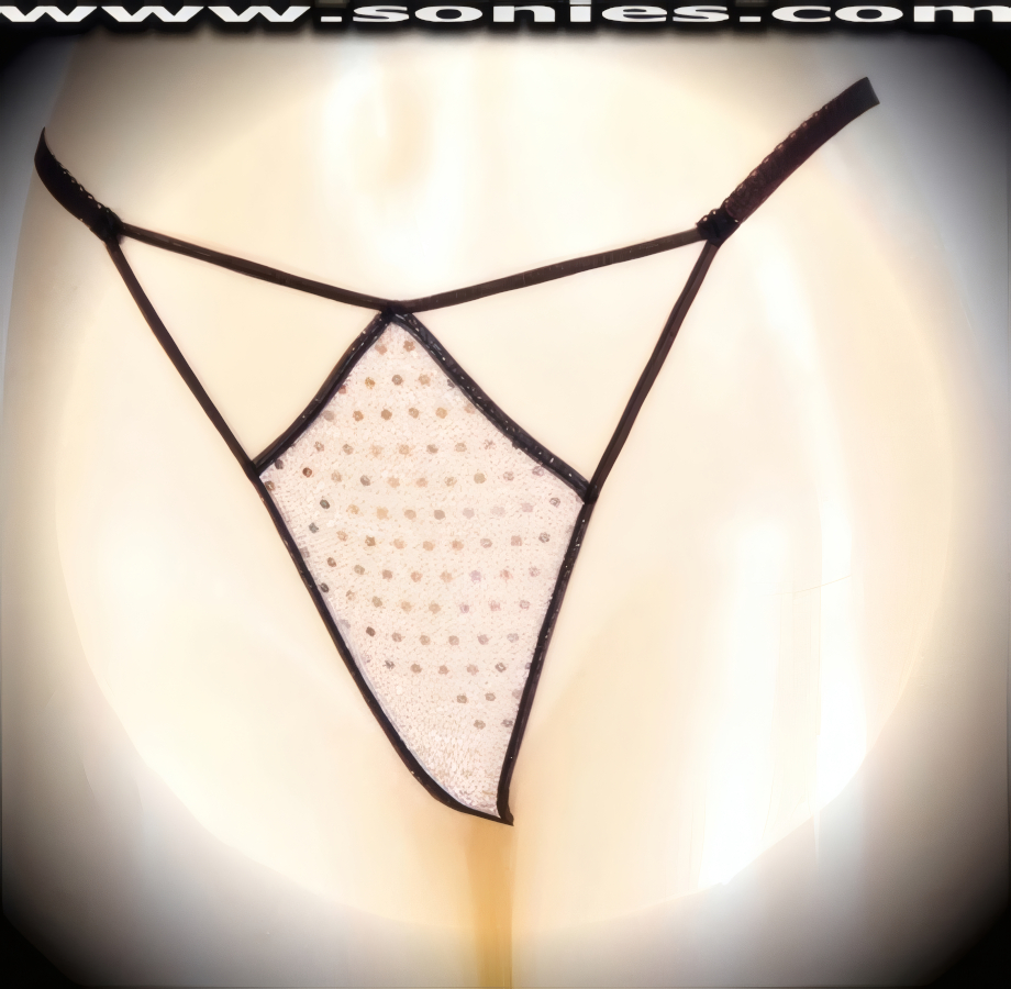 A sexy little surprise for your sweetheart, in this Lita glittery sequin with lurex front cutout panty, plus has a V-shape G-String back finally that flatters your body marvelously. Crafted with a soft elasticized waistband and back to ensure a great fit (10% Lycra, 90% Nylon, exclusive of trim. Hand wash cold and line dry. Do not bleach). It pairs beautifully with any number of risqu� tops. May be worn with stiletto heel shoes or boots to create a phenomenal look. This style is perfect for stage, bedroom performance, life style events, pride week, monthly play parties, fetish events, adult alternative lifestyle gatherings, bachelor parties and gentleman's clubs.   Style: YQ706H