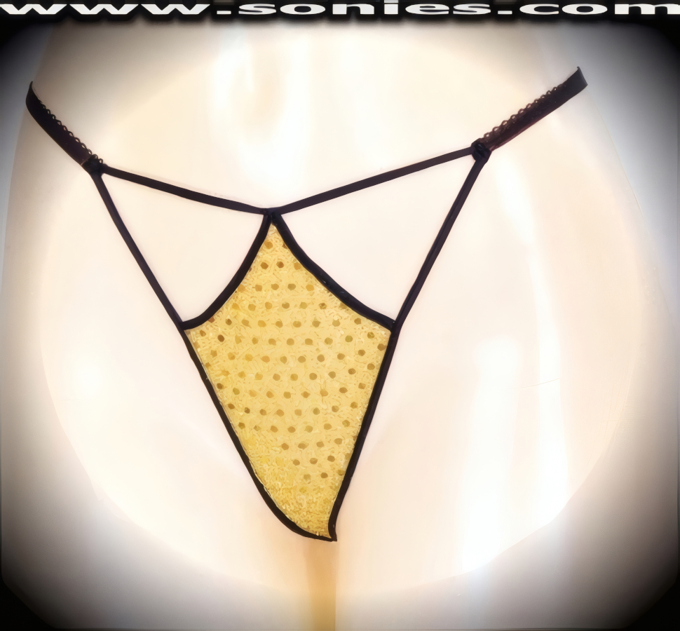 A sexy little surprise for your sweetheart, in this Lita glittery sequin with lurex front cutout panty, plus has a V-shape G-String back finally that flatters your body marvelously. Crafted with a soft elasticized waistband and back to ensure a great fit (10% Lycra, 90% Nylon, exclusive of trim. Hand wash cold and line dry. Do not bleach). It pairs beautifully with any number of risqu� tops. May be worn with stiletto heel shoes or boots to create a phenomenal look. This style is perfect for stage, bedroom performance, life style events, pride week, monthly play parties, fetish events, adult alternative lifestyle gatherings, bachelor parties and gentleman's clubs.   Style: YQ706I