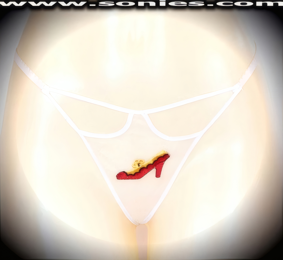 Classic leading lady style with an uptown twist is this Lupita wispy sheer mesh front cutout panty with intricately embroidered elegant heel shoe detailing, plus has a V-shape G-String back finally that flatters your body marvelously. Crafted with a soft elasticized waistband and back to ensure a great fit (10% Lycra, 90% Nylon, exclusive of trim. Hand wash cold and line dry. Do not bleach). It pairs beautifully with any number of risqu� tops. May be worn with stiletto heel shoes or boots to create a phenomenal look. This style is perfect for stage, bedroom performance, life style events, pride week, monthly play parties, fetish events, adult alternative lifestyle gatherings, bachelor parties and gentleman's clubs.   Style: YQ708