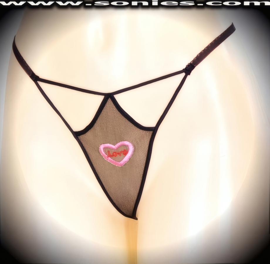 Bare if you dare wearing this Matilde sheer mesh front cutout panty with embroidered Love Heart detailing, plus has a V-shape G-String back finally that flatters your body marvelously. Crafted with a soft elasticized waistband and back to ensure a great fit (10% Lycra, 90% Nylon, exclusive of trim. Hand wash cold and line dry. Do not bleach). It pairs beautifully with any number of risqu� tops. May be worn with stiletto heel shoes or boots to create a phenomenal look. This style is perfect for stage, bedroom performance, life style events, pride week, monthly play parties, fetish events, adult alternative lifestyle gatherings, bachelor parties and gentleman's clubs.   Style: YQ800