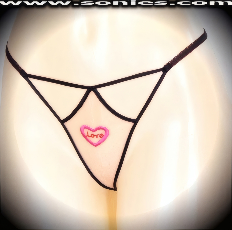 Bare if you dare wearing this Matilde sheer mesh front cutout panty with embroidered Love Heart detailing, plus has a V-shape G-String back finally that flatters your body marvelously. Crafted with a soft elasticized waistband and back to ensure a great fit (10% Lycra, 90% Nylon, exclusive of trim. Hand wash cold and line dry. Do not bleach). It pairs beautifully with any number of risqu� tops. May be worn with stiletto heel shoes or boots to create a phenomenal look. This style is perfect for stage, bedroom performance, life style events, pride week, monthly play parties, fetish events, adult alternative lifestyle gatherings, bachelor parties and gentleman's clubs.   Style: YQ800F