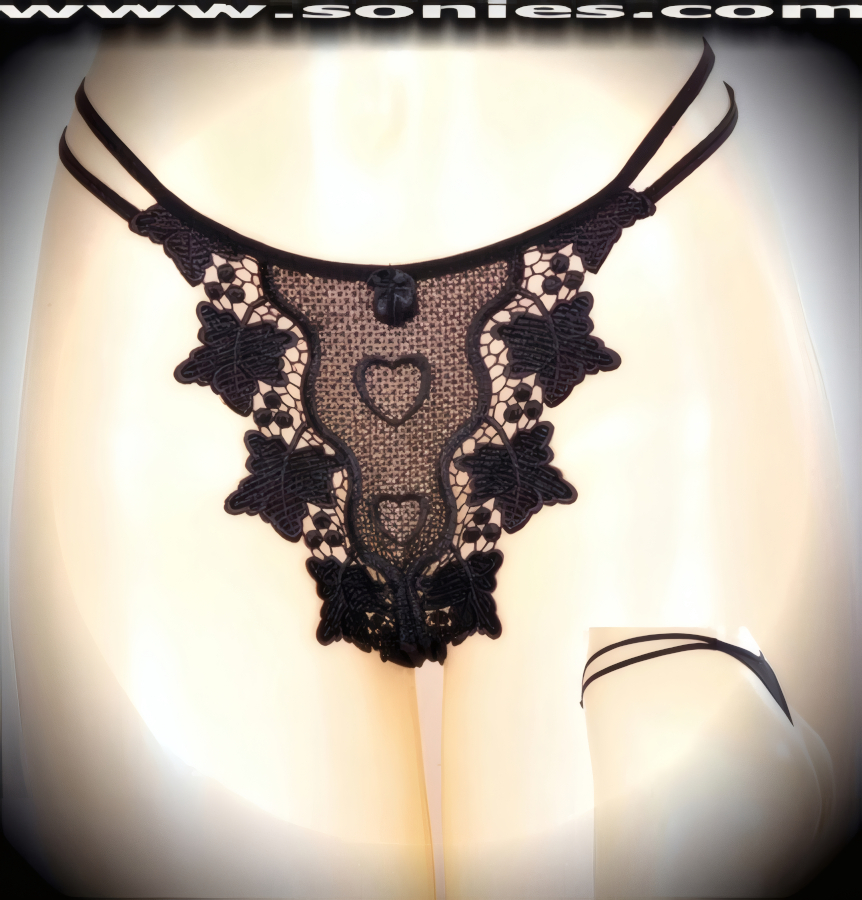 Mind Bending Ca�ster Lined Thong Panty. Lavishly Embroidered Draped Leafs with Cascading Center Hearts and Dotted Sheer Mesh Front Design. Opaque Thong Back with Double Elasticized Strappy Sides and Satin Bow Appliqu� Front Detail Finish (Nylon/Lycra).   Style: YQ8879