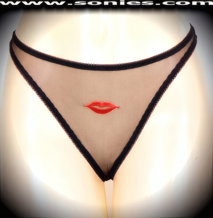 Seduction means revealing, so dare to bare wearing this brilliantly crafted adult entertainer's Paloma sheer mesh low-rise dance wear thong bottom with embroidered lips frontage. Irresistibly enticing panty features a cotton lined crotch and soft mesh thong back detail finish (10% Lycra, 90% Nylon, exclusive of trim. Hand wash cold and line dry. Do not bleach). It pairs beautifully with any number of risqu� tops. May be worn with stiletto heel shoes or boots to create a phenomenal look. This style is perfect for stage, bedroom performance, life style events, pride week, monthly play parties, fetish events, adult alternative lifestyle gatherings, bachelor parties and gentleman's clubs.   Style: YQ906A
