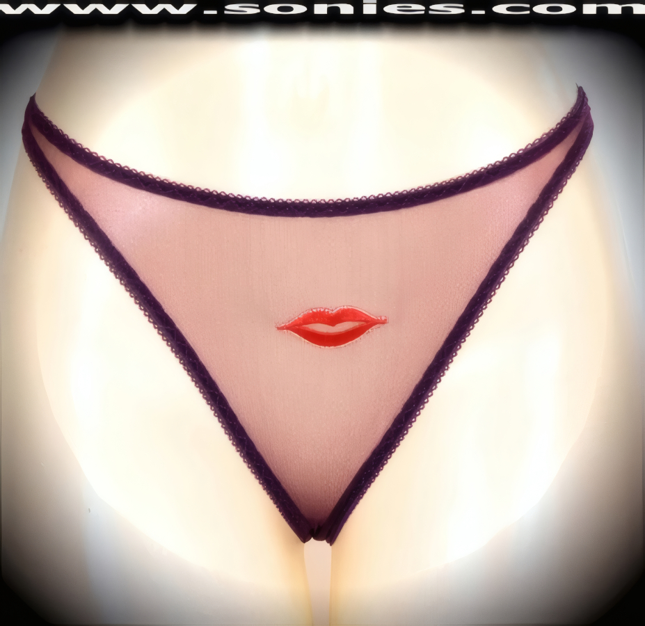 Seduction means revealing, so dare to bare wearing this brilliantly crafted adult entertainer's Paloma sheer mesh low-rise dance wear thong bottom with embroidered lips frontage. Irresistibly enticing panty features a cotton lined crotch and soft mesh thong back detail finish (10% Lycra, 90% Nylon, exclusive of trim. Hand wash cold and line dry. Do not bleach). It pairs beautifully with any number of risqu� tops. May be worn with stiletto heel shoes or boots to create a phenomenal look. This style is perfect for stage, bedroom performance, life style events, pride week, monthly play parties, fetish events, adult alternative lifestyle gatherings, bachelor parties and gentleman's clubs.   Style: YQ906B