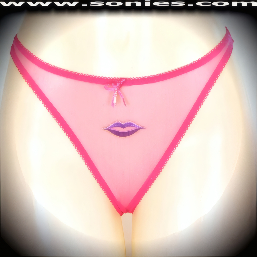 Seduction means revealing, so dare to bare wearing this brilliantly crafted adult entertainer's Paloma sheer mesh low-rise dance wear thong bottom with embroidered lips frontage. Irresistibly enticing panty features a cotton lined crotch and soft mesh thong back detail finish (10% Lycra, 90% Nylon, exclusive of trim. Hand wash cold and line dry. Do not bleach). It pairs beautifully with any number of risqu� tops. May be worn with stiletto heel shoes or boots to create a phenomenal look. This style is perfect for stage, bedroom performance, life style events, pride week, monthly play parties, fetish events, adult alternative lifestyle gatherings, bachelor parties and gentleman's clubs.   Style: YQ906C