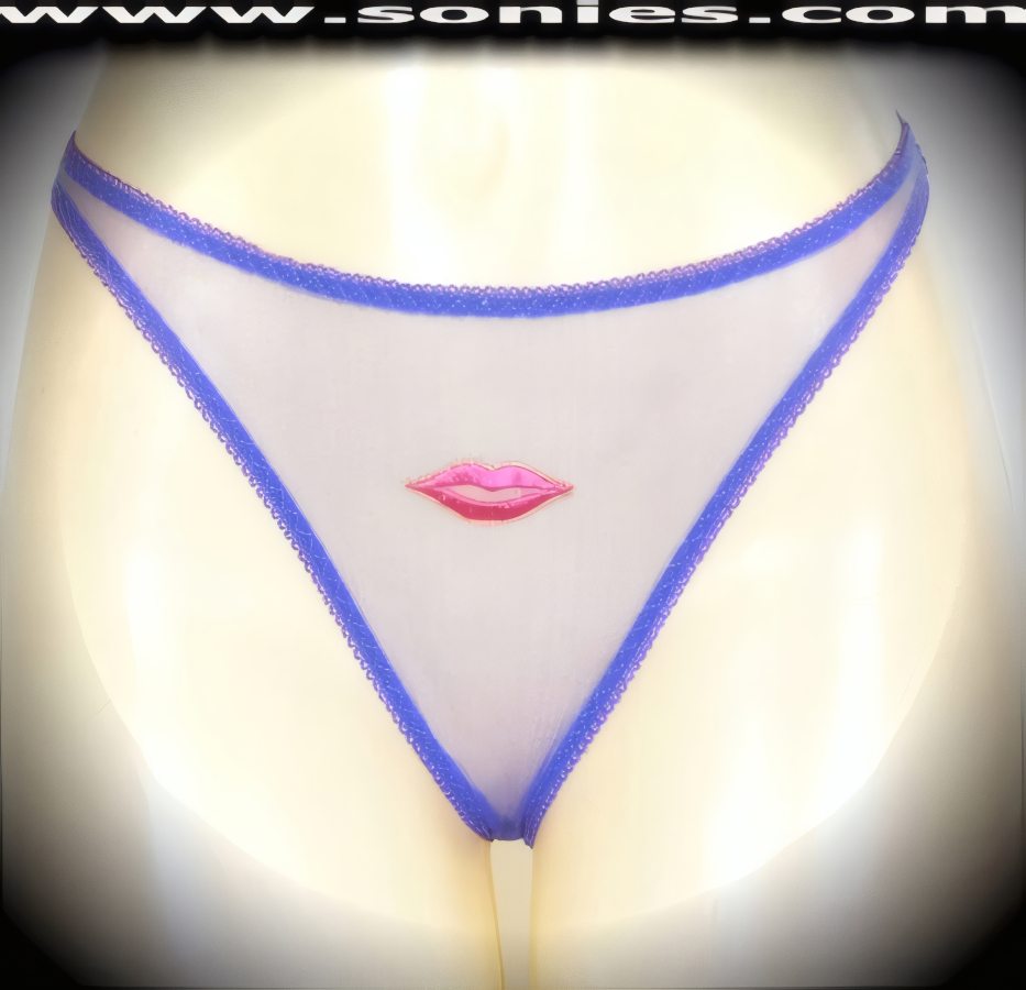 Seduction means revealing, so dare to bare wearing this brilliantly crafted adult entertainer's Paloma sheer mesh low-rise dance wear thong bottom with embroidered lips frontage. Irresistibly enticing panty features a cotton lined crotch and soft mesh thong back detail finish (10% Lycra, 90% Nylon, exclusive of trim. Hand wash cold and line dry. Do not bleach). It pairs beautifully with any number of risqu� tops. May be worn with stiletto heel shoes or boots to create a phenomenal look. This style is perfect for stage, bedroom performance, life style events, pride week, monthly play parties, fetish events, adult alternative lifestyle gatherings, bachelor parties and gentleman's clubs.   Style: YQ906E