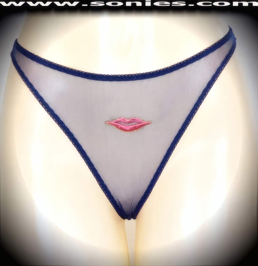 Seduction means revealing, so dare to bare wearing this brilliantly crafted adult entertainer's Paloma sheer mesh low-rise dance wear thong bottom with embroidered lips frontage. Irresistibly enticing panty features a cotton lined crotch and soft mesh thong back detail finish (10% Lycra, 90% Nylon, exclusive of trim. Hand wash cold and line dry. Do not bleach). It pairs beautifully with any number of risqu� tops. May be worn with stiletto heel shoes or boots to create a phenomenal look. This style is perfect for stage, bedroom performance, life style events, pride week, monthly play parties, fetish events, adult alternative lifestyle gatherings, bachelor parties and gentleman's clubs.   Style: YQ906F