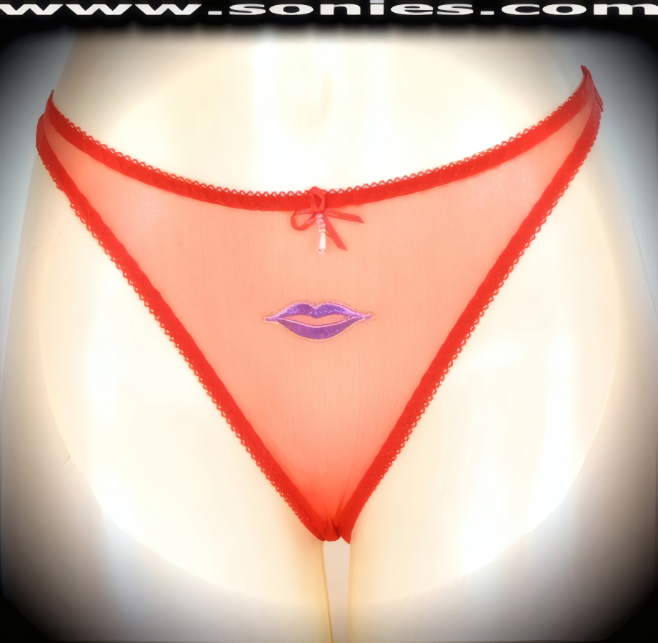 Seduction means revealing, so dare to bare wearing this brilliantly crafted adult entertainer's Paloma sheer mesh low-rise dance wear thong bottom with embroidered lips frontage. Irresistibly enticing panty features a cotton lined crotch and soft mesh thong back detail finish (10% Lycra, 90% Nylon, exclusive of trim. Hand wash cold and line dry. Do not bleach). It pairs beautifully with any number of risqu� tops. May be worn with stiletto heel shoes or boots to create a phenomenal look. This style is perfect for stage, bedroom performance, life style events, pride week, monthly play parties, fetish events, adult alternative lifestyle gatherings, bachelor parties and gentleman's clubs.   Style: YQ906G