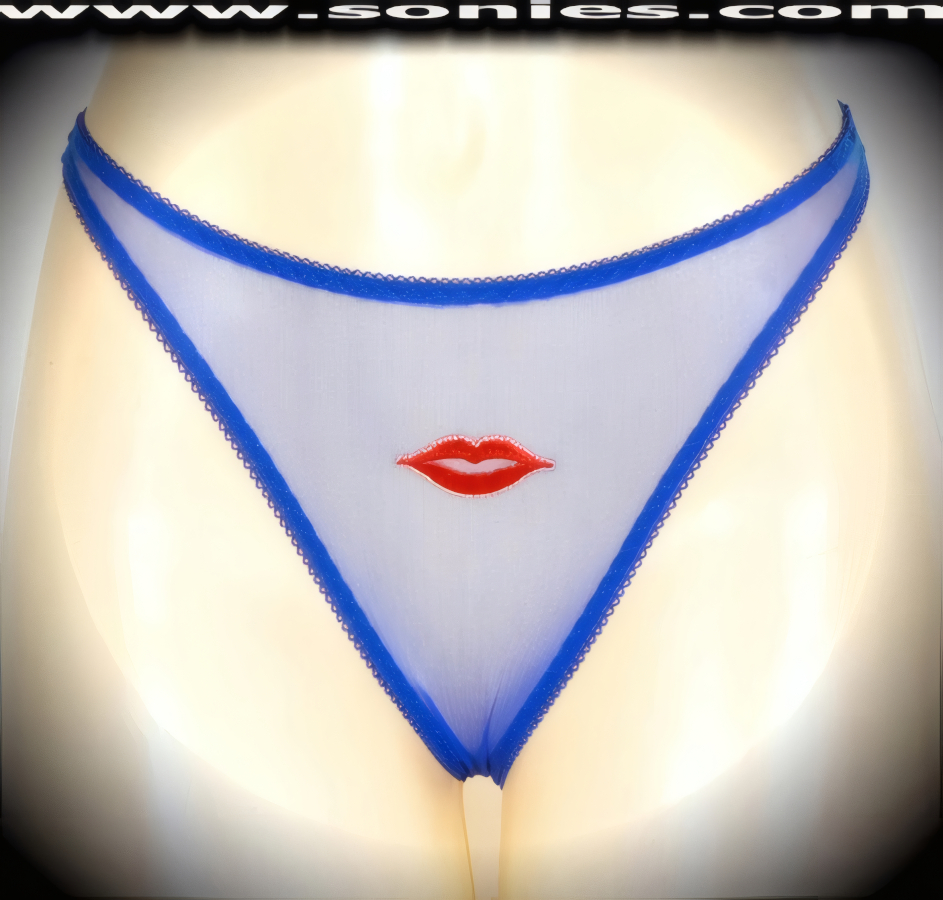 Seduction means revealing, so dare to bare wearing this brilliantly crafted adult entertainer's Paloma sheer mesh low-rise dance wear thong bottom with embroidered lips frontage. Irresistibly enticing panty features a cotton lined crotch and soft mesh thong back detail finish (10% Lycra, 90% Nylon, exclusive of trim. Hand wash cold and line dry. Do not bleach). It pairs beautifully with any number of risqu� tops. May be worn with stiletto heel shoes or boots to create a phenomenal look. This style is perfect for stage, bedroom performance, life style events, pride week, monthly play parties, fetish events, adult alternative lifestyle gatherings, bachelor parties and gentleman's clubs.   Style: YQ906H