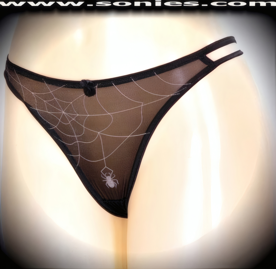 When you�re in search of sheer decadence then look no further then this exquisite adult entertainer's Paquita low-rise semi sheer satin Lycra dance wear thong bottom. Crafted with a stunning foil web design and dangling spider on the frontage to capture your audience's attention. Irresistibly enticing panty features cutout skin baring sides with double elasticized straps to insure a great fit, lined crotch, thong back, plus satin bow appliqu� front detail finish (10% Lycra, 90% Nylon. Wash delicate and hang dry). It pairs beautifully with any number of risqu� tops. May be worn with stiletto heel shoes or boots to create a phenomenal look. This style is perfect for stage, bedroom performance, life style events, pride week, monthly play parties, fetish events, adult alternative lifestyle gatherings, bachelor parties and gentleman's clubs.   Style: YQ956A