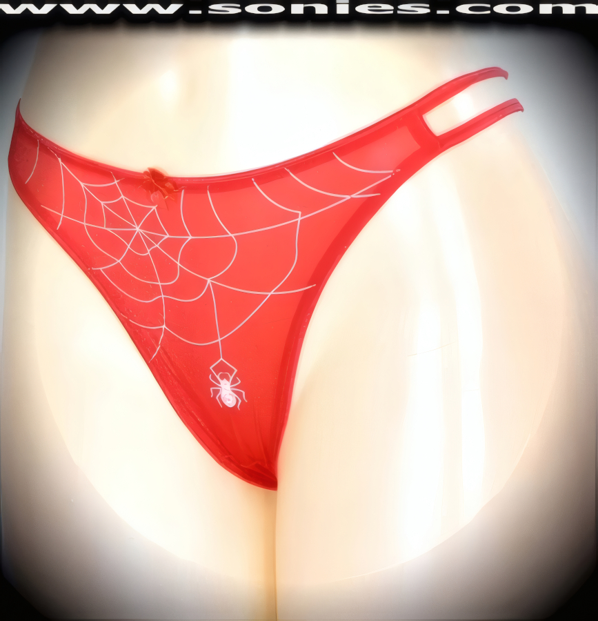 When you�re in search of sheer decadence then look no further then this exquisite adult entertainer's Paquita low-rise semi sheer satin Lycra dance wear thong bottom. Crafted with a stunning foil web design and dangling spider on the frontage to capture your audience's attention. Irresistibly enticing panty features cutout skin baring sides with double elasticized straps to insure a great fit, lined crotch, thong back, plus satin bow appliqu� front detail finish (10% Lycra, 90% Nylon. Wash delicate and hang dry). It pairs beautifully with any number of risqu� tops. May be worn with stiletto heel shoes or boots to create a phenomenal look. This style is perfect for stage, bedroom performance, life style events, pride week, monthly play parties, fetish events, adult alternative lifestyle gatherings, bachelor parties and gentleman's clubs.   Style: YQ956G