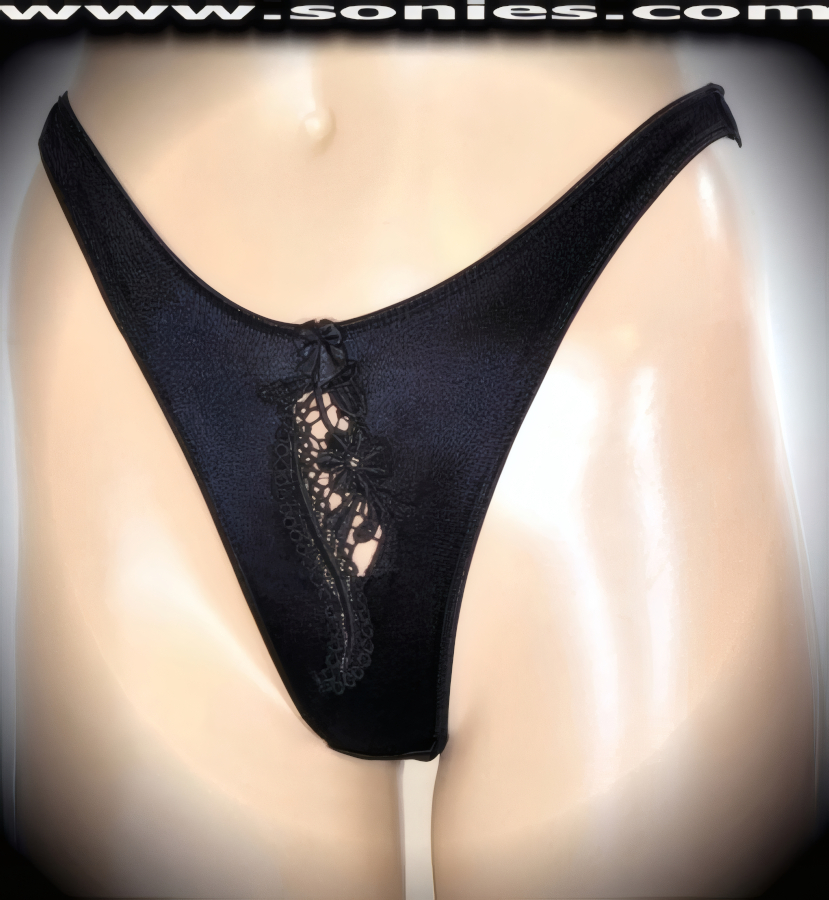 Delight any audience in this Ladies Rhapsody Stretch Satin Lycra Dance Wear Bottom with Exquisitely Embroidered Floral Lace Sheer Center Front Inset, Cotton Lined Crotch, Thong Back and Satin Bow Appliqu� Frontage Detail Finish (15% Lycra, 85% Nylon).   Style: YQ957